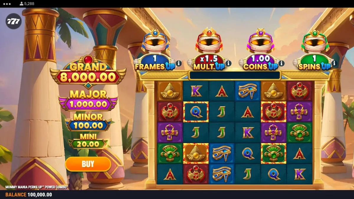 Tampilan visual slot Mummy Mania Perks Up™ Power Combo™ dengan empat mumi dan latar belakang makam Mesir.
