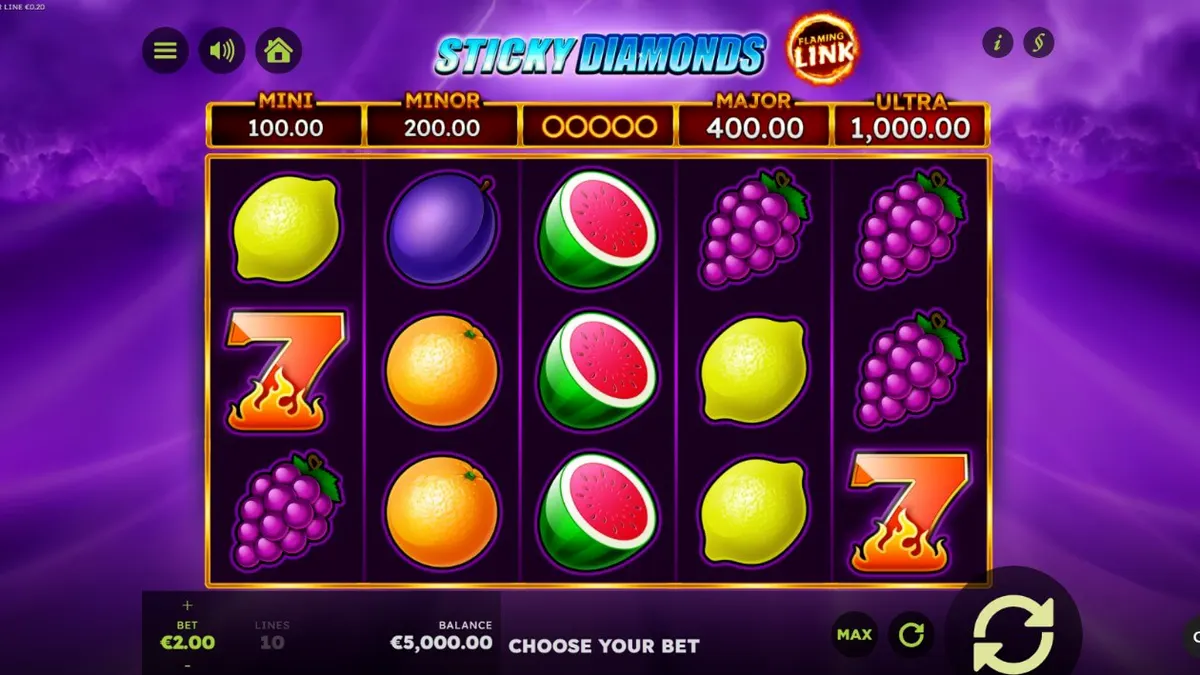 Tampilan antarmuka mesin slot Sticky Diamonds Flaming Link dengan simbol buah dan berlian.
