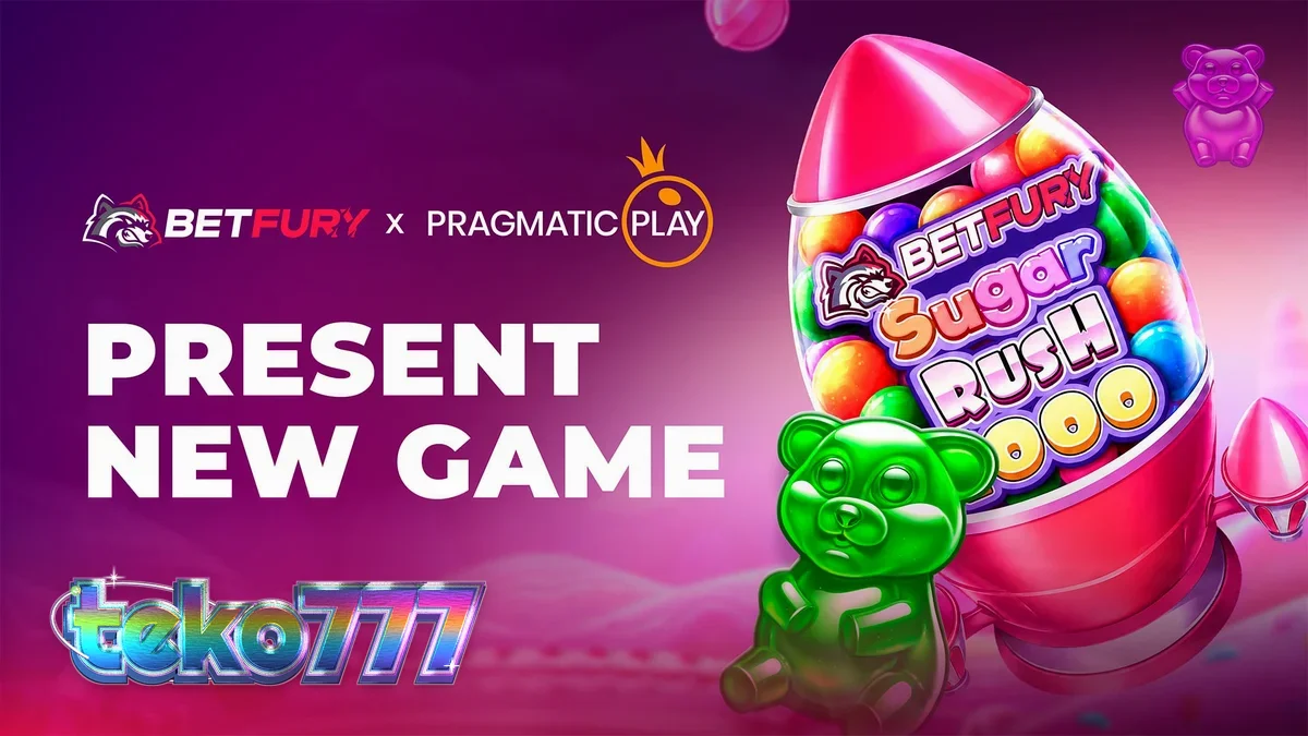 Tampilan visual slot BetFury Sugar Rush 1000 dengan desain cerah dan grid 7x7